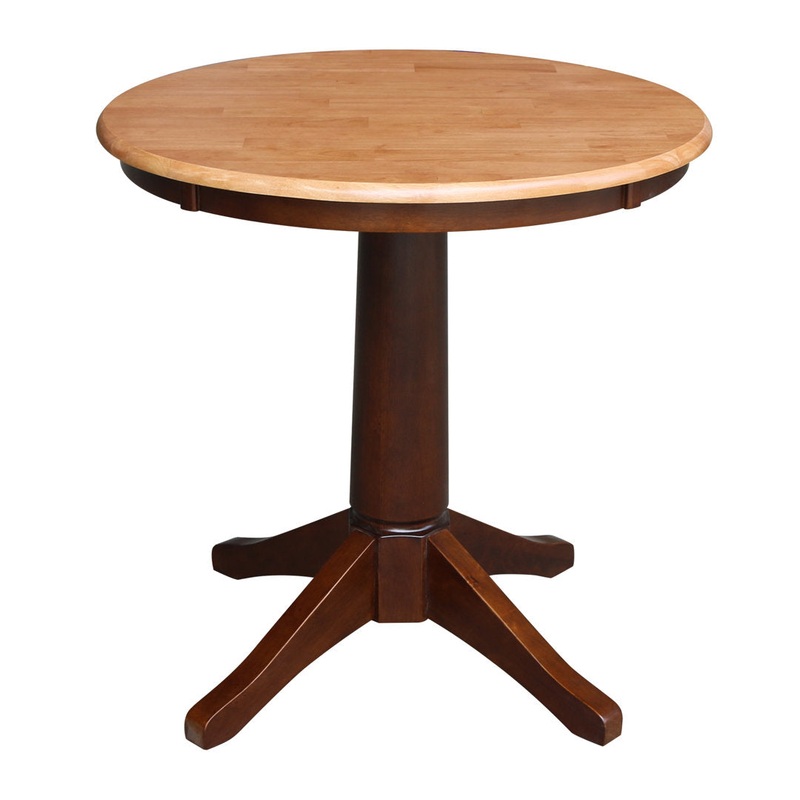Thelma Solid Wood Pedestal Dining Table Lark Manor Base Color / Top Color: Espresso / Cinnamon Size: 29.9″ H x 30″ L x 30″ W