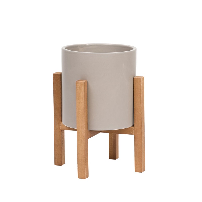 Surles Round Modern Ceramic Indoor Pot Planter with Wood Legs Mercury Row Color: Gray Size: 13″ H x 9″ W x 9″ D