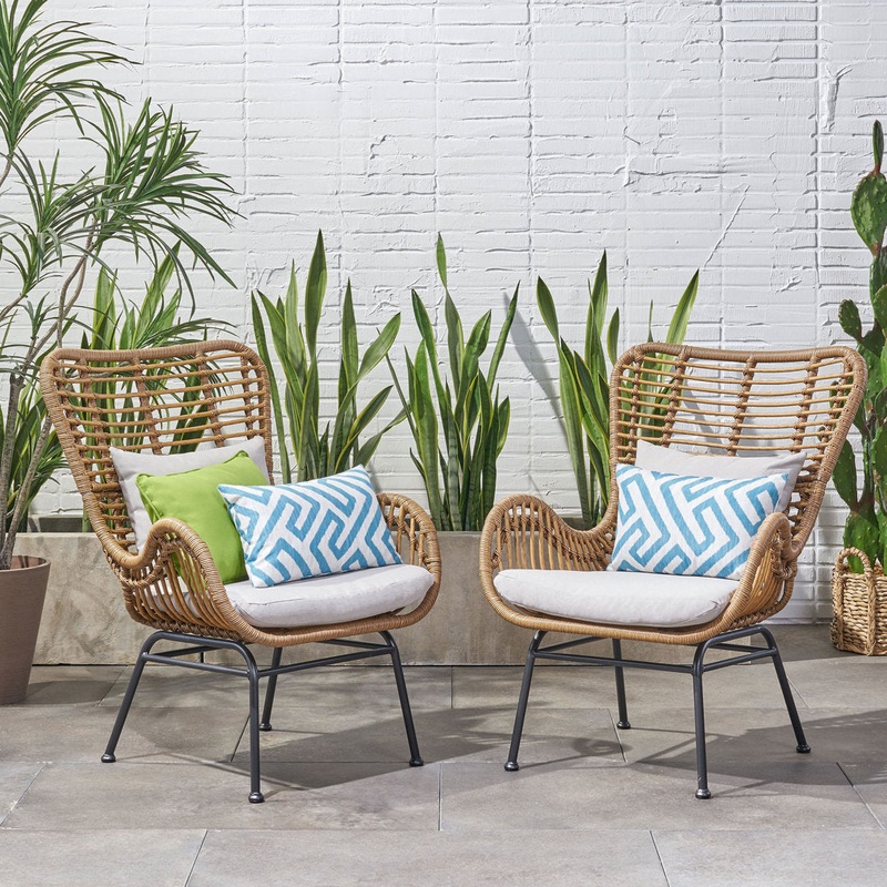 Tapscott Wicker Patio Chair with Cushions (Set of 2) Bay Isle Home Cushion Color: Light Brown Frame / Beige Cushion