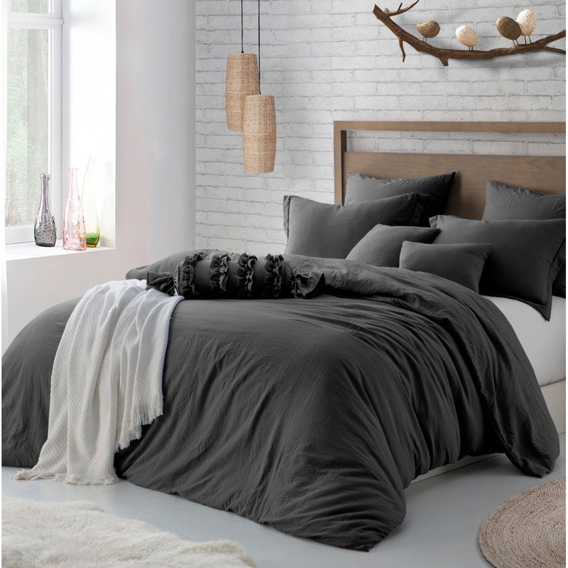 Super Soft Crinkle Washed Microfiber Duvet Cover Set Swift Home Color: Charcoal Gray Size: Full/Queen Duvet Cover + 2 Pillowcases