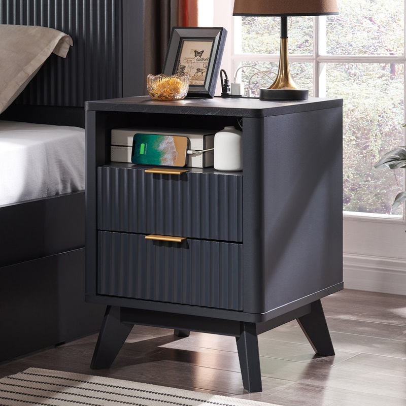 Hardester Vintage 2 – Drawer Nightstand with Charging Station, Bedside Table with Open Shelf Wrought Studio Color: Dark Gray