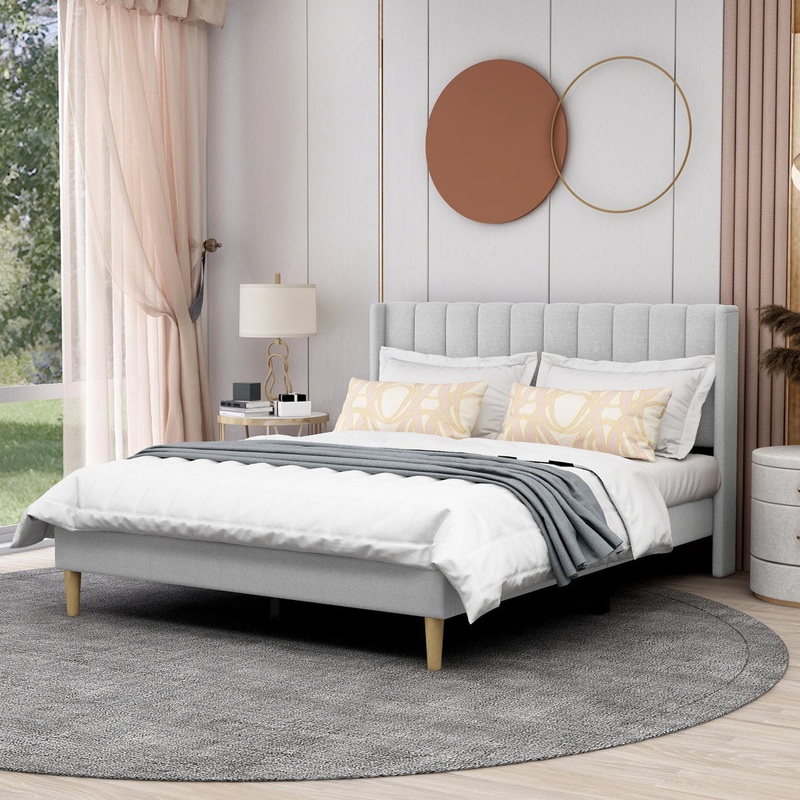 Eriksay Low Profile Upholstered Platform Bed with Wingback Headboard Wade Logan Color: Light Gray Linen Size: Full/Double