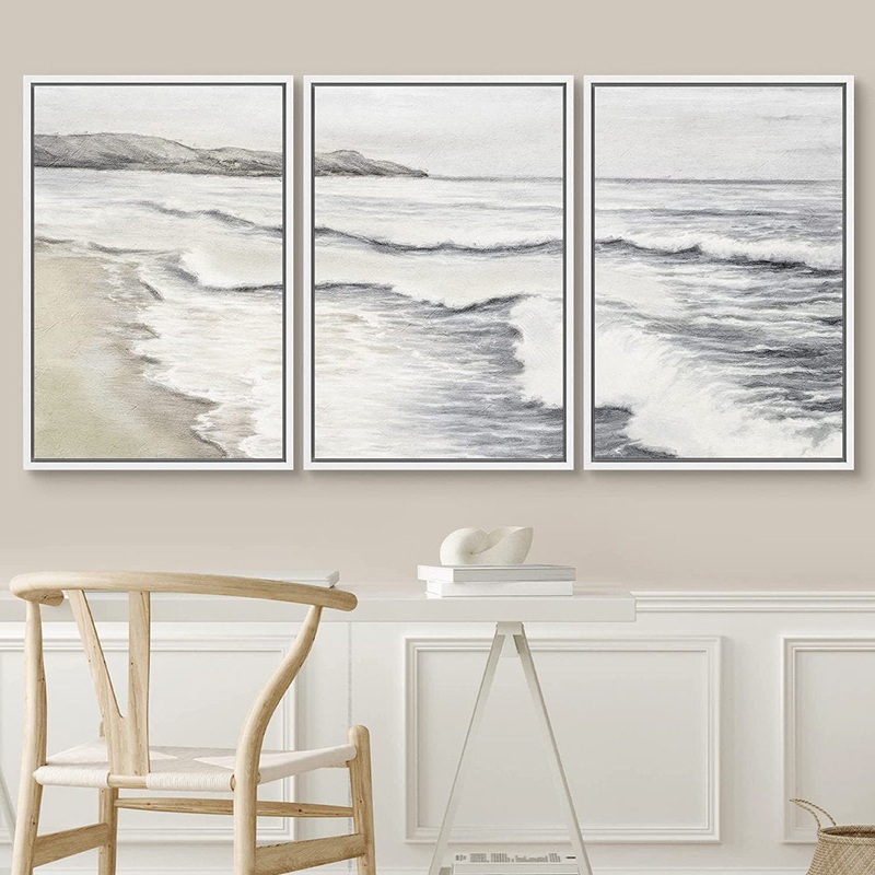 Coastal Beach Ocean Waves Muted Relax Calm Seascape Home Decor – Framed Canvas Print Wall Art Work SIGNLEADER Size: 24″ H x 48″ W x 1.5″ D Format: White Framed