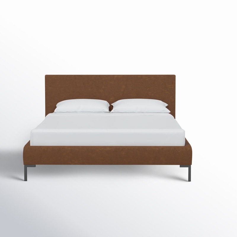 Rand Vegan Leather Bed AllModern Color: Zuma Atomic Textured Linen, Leg Color: Gold Wood Size: Queen