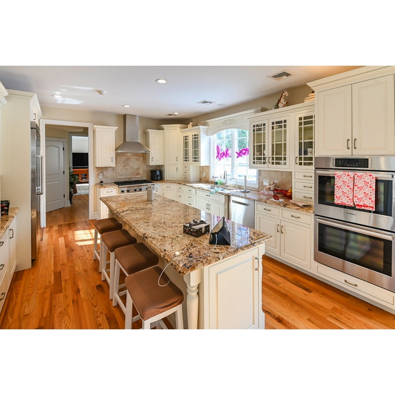 Traditional Light Cream Kitchen with Island, Granite Countertops and Appliances