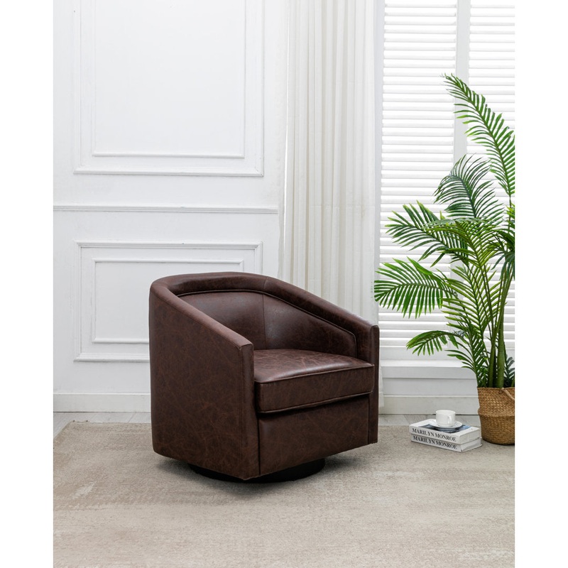 Kiersten 28.7″ Wide Vegan Leather Swivel Barrel Chair Sand & Stable Leather Type: Dark Chocolate Brown Faux Leather