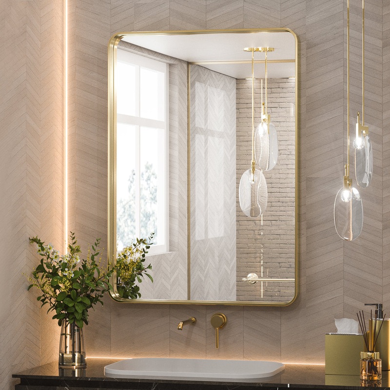Tyro Bathroom Decorative Home Dcor Corner Hangs Bathroom Mirror Latitude Run Size: 30″ x 22″ Finish: Gold, Shape: Rectangle