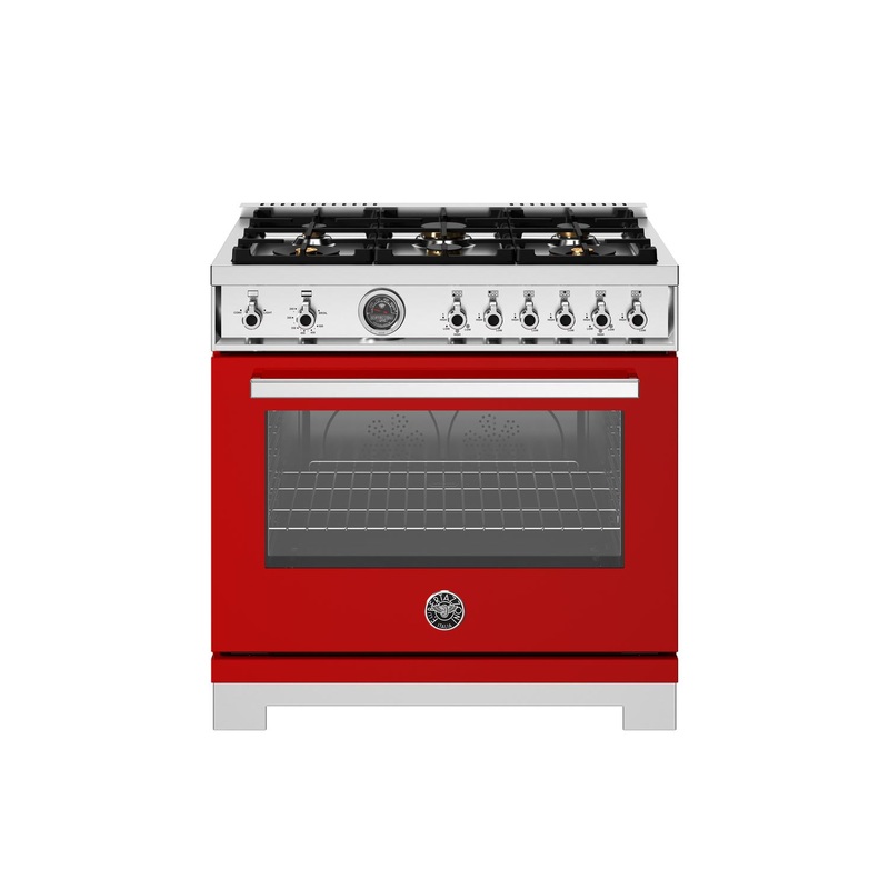 Bertazzoni PRO366BCFGMROT 36 Inch All Gas Range, 6 Brass Burners And Cast Iron Griddle Rosso