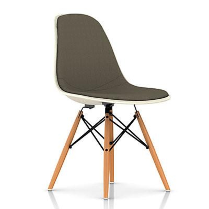 Eames Molded Fiberglass Upholstered Side Chair with Wood Dowel Base