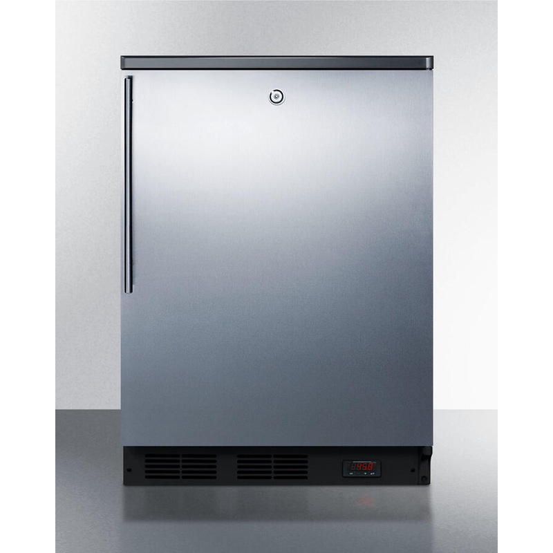 Summit FF7LBLBIPUBSSHV Commercially Approved Built-In Undercounter Craft Beer Pub Cellar With Digital Thermostat, Stainless Steel Door, Thin Handle, And Black Cabinet