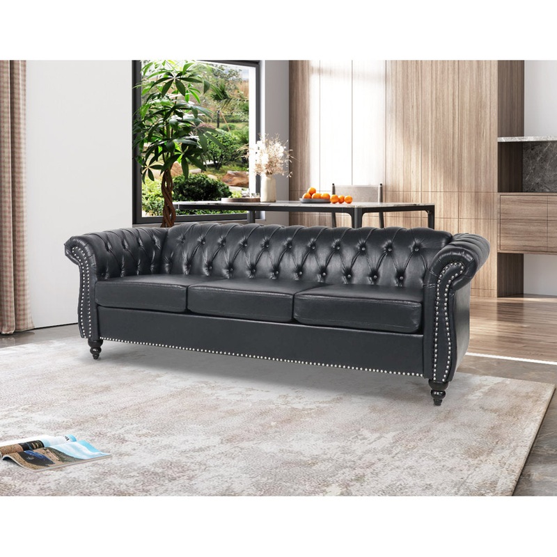 Chesterfield Button Tufted Backrest Multi-seat Upholstered Sofa Canora Grey Fabric: Black Faux Leather