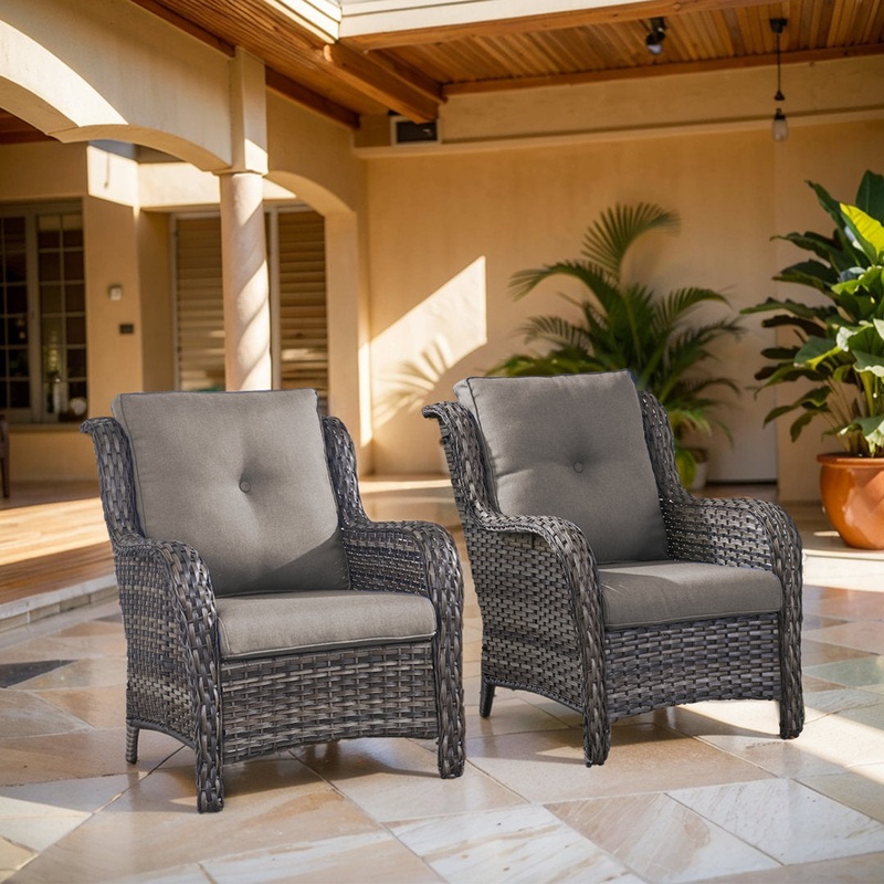 Bonia Wicker Rattan Outdoor Patio Lounge Chairs with Cushions (Set of 2) Wildon Home Cushion Color: Gray, Frame Color/Finish: Gray