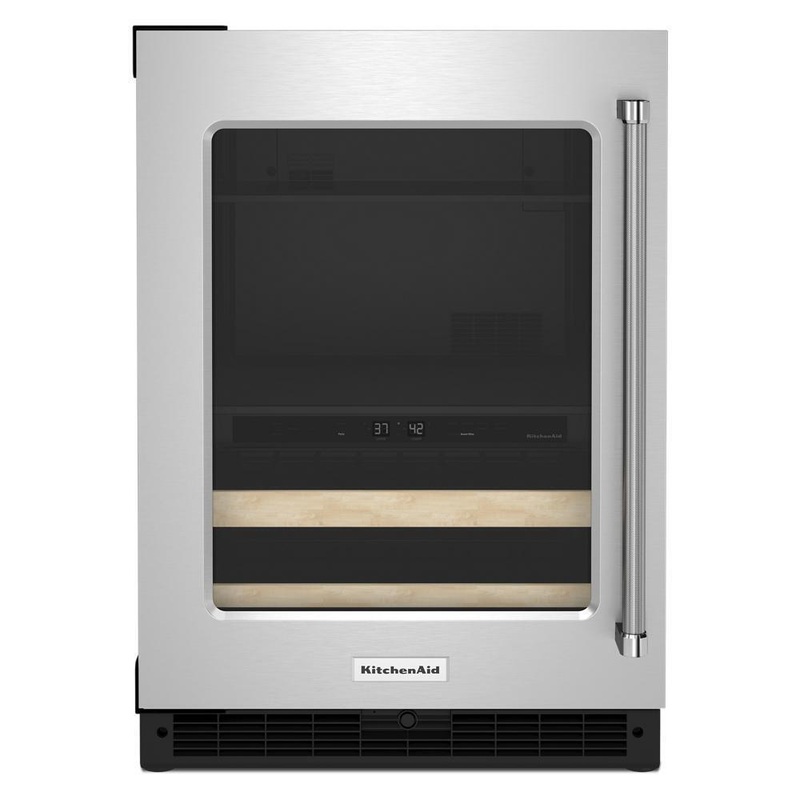Kitchenaid KUBL214KSB 24″ Beverage Center with Glass Door and Wood-Front Racks