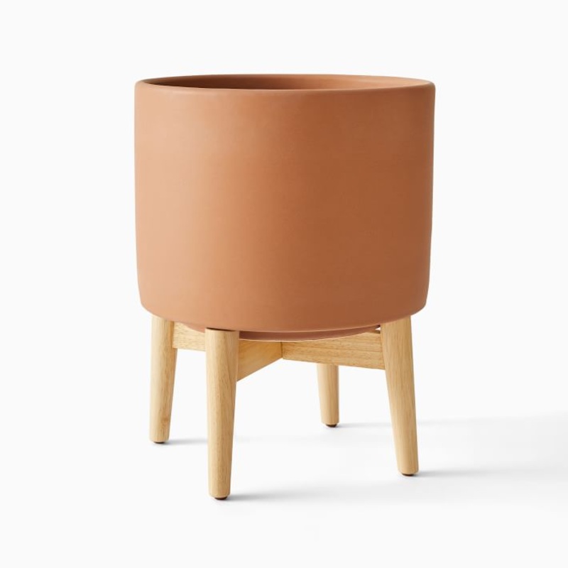 Mid Century Turned Wood Leg Planters-Wide