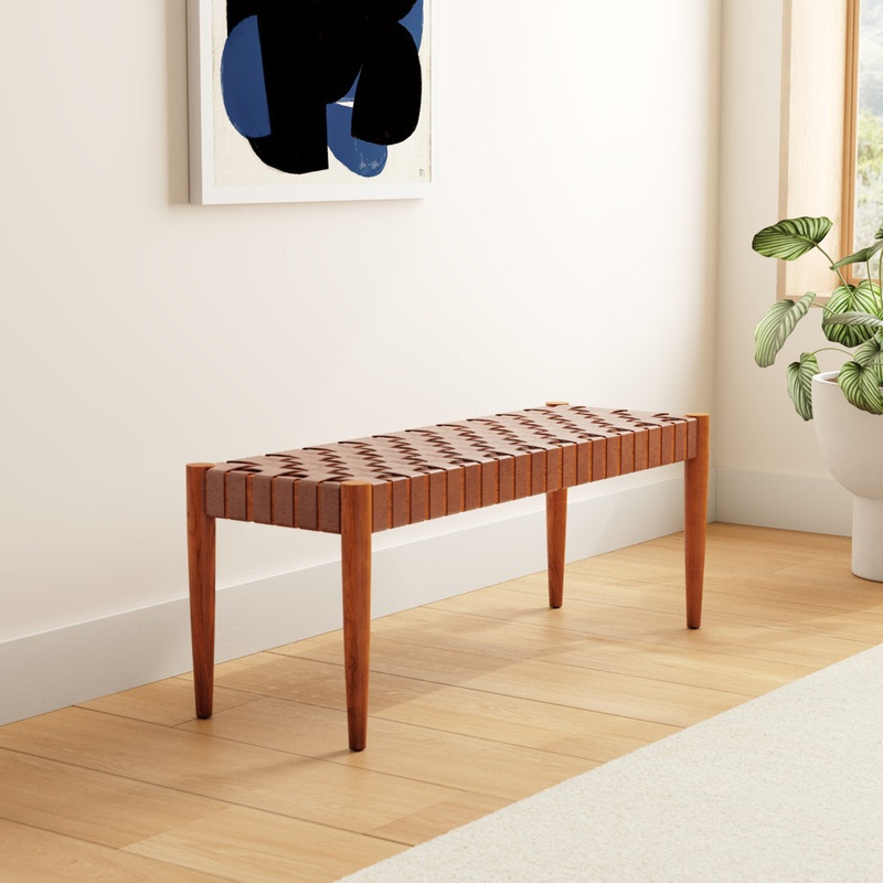 Orin 47″ Woven Leather Bench AllModern Color: Dark Brown Frame/Cognac Leather