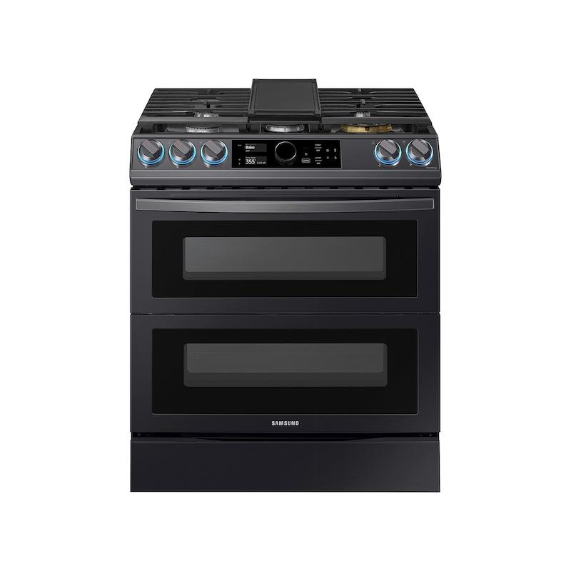 Samsung 6.3 cu. ft. Flex Duo Front Control Slide-in Dual Fuel Range with Smart Dial, Air Fry, and Wi-Fi in Black Stainless Steel