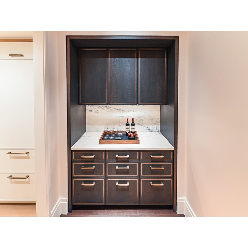 Transitional Dark Brown Wood Veneer Pantry with White Marble Countertops