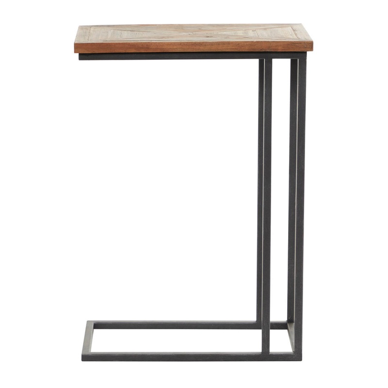 Metal C-Shaped Side End Black Accent Table with Brown Wood Top 17 Stories