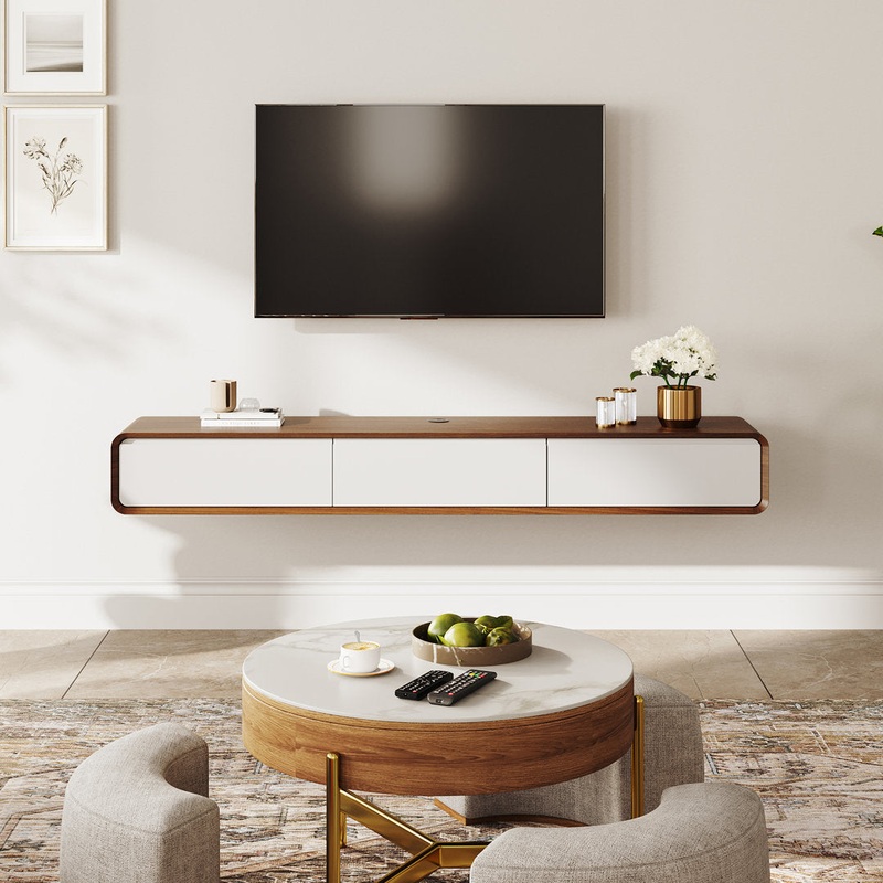 Randalstown Floating TV Stand, Entertainment Center with 4 Drawers, Solid Wood, Fully-Assembled Hokku Designs Color: Dark Brown/White Overall Entertainment Center Width – Side to Side: 78.74”