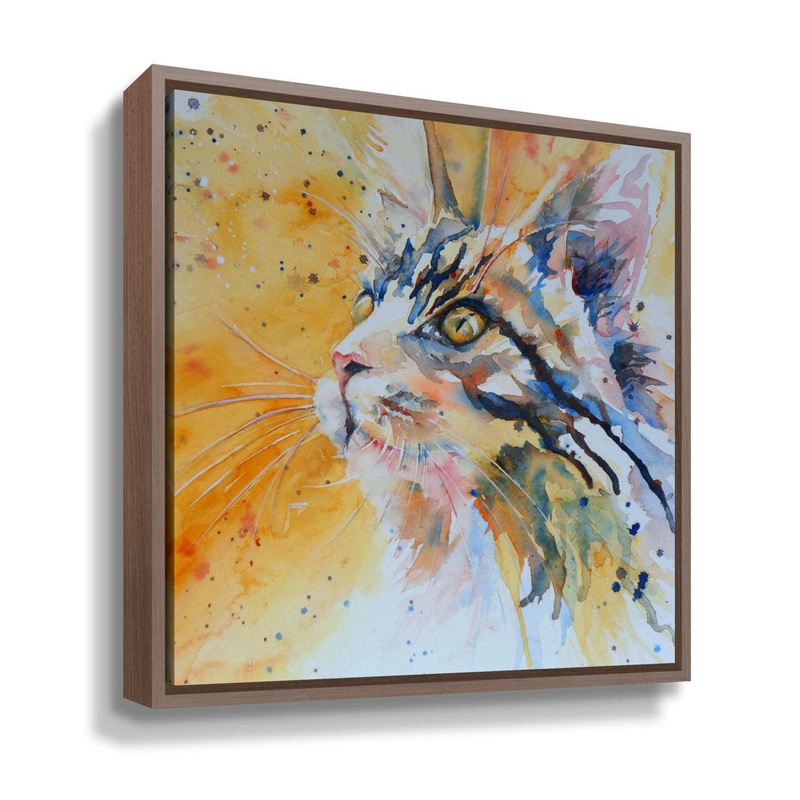 “Cat 9″ by Liz Chaderton Playful Cat Canvas Wall Art Latitude Run Size: 10″ H x 10″ W x 2” D Format: Walnut Floater Frame