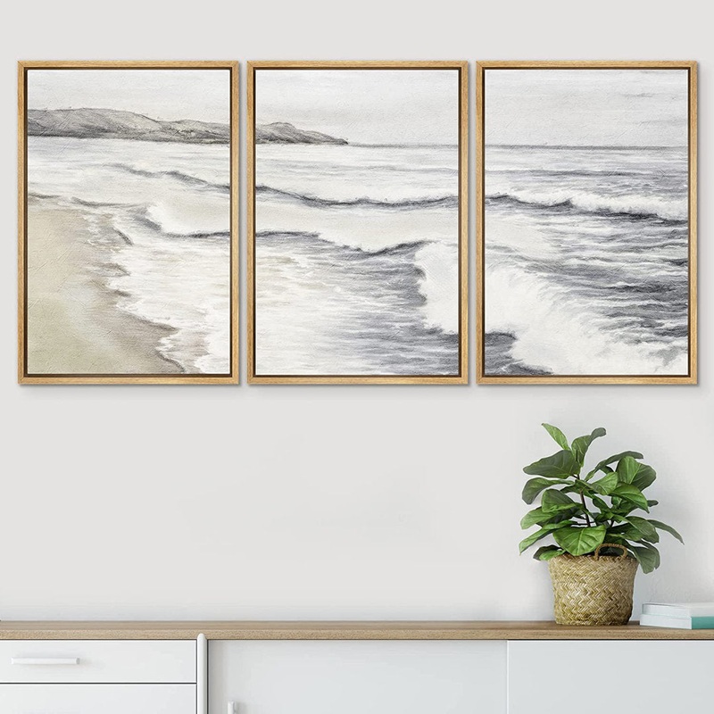 Coastal Beach Ocean Waves Muted Relax Calm Seascape Home Decor – Framed Canvas Print Wall Art Work SIGNLEADER Size: 36″ H x 72″ W x 1.5″ D Format: Brown Framedd