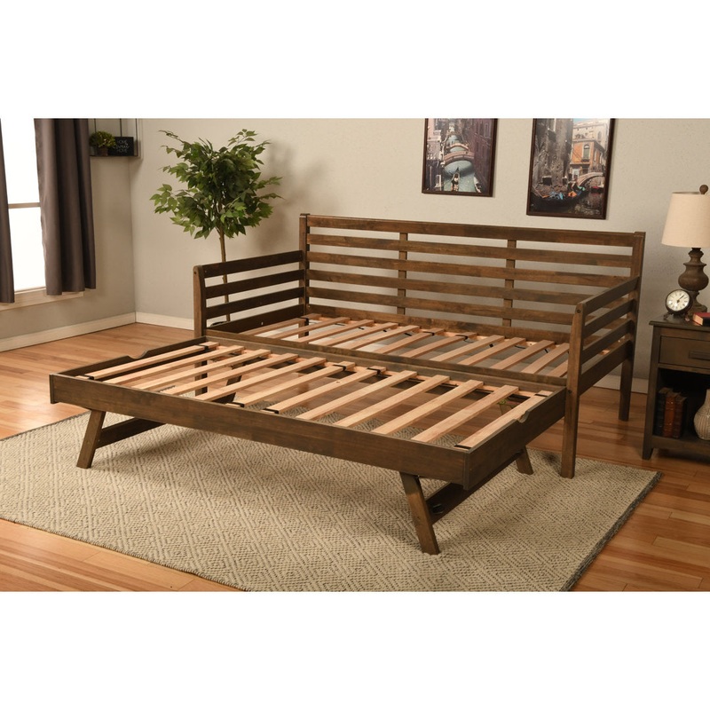 Alhamdi Boho Daybed and Pop-Up Bed with Mattresses Lark Manor Frame Color: Rustic Walnut, Mattress Color: Seaport Blue