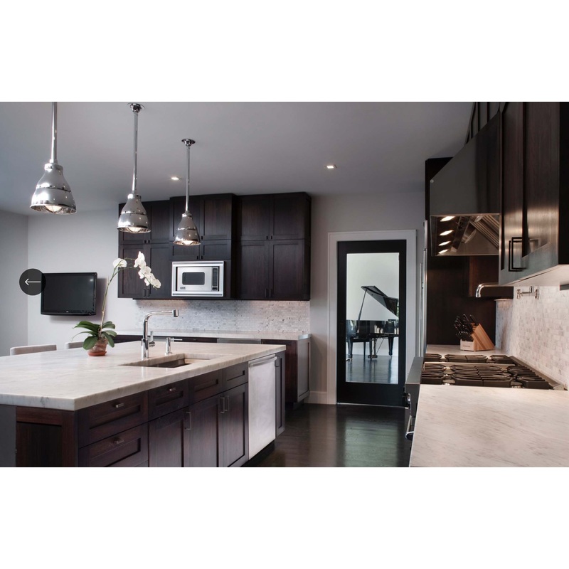 Transitional Dark Wooden Brown Kitchen with Island, Marble Countertops & Luxury Appliances
