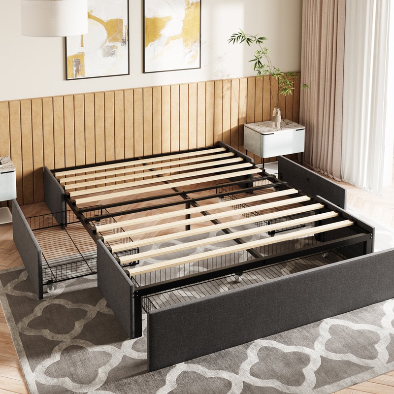Platform Bed With Storage, 3 Large Drawers On Wheels, Fabric Upholstered Platform Bed, No Box Spring Needed, Solid Wood Slats Support, Easy Assembly, Dark Grey Latitude Run Size: Full/Double