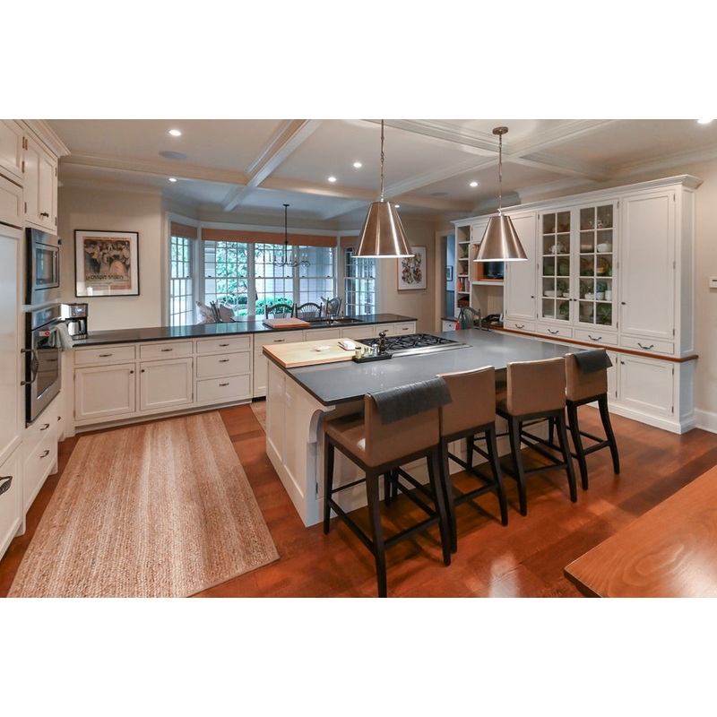 Large Traditional White Kitchen with Island, Stone Countertops & Desk Area