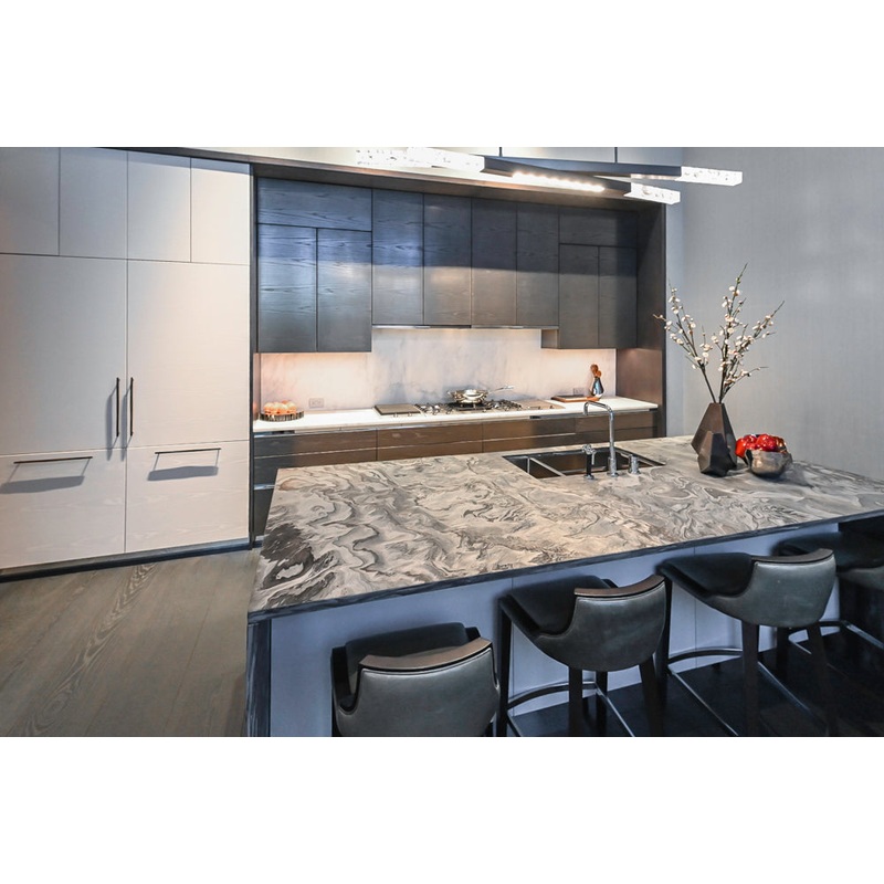 Modern White and Brown Wood Veneer Kitchen with Waterfall Island, Marble Countertops & Miele Appliances