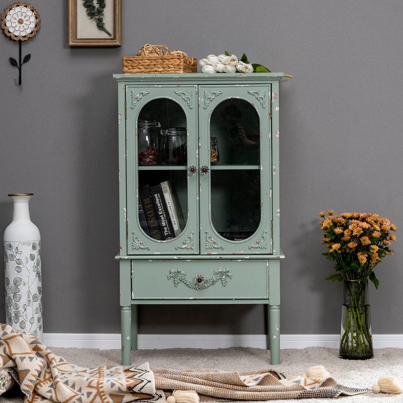 Vaillancourt 2-Door Mint Green Antique-Style Tall Cabinet With Drawer Laurel Foundry Modern Farmhouse