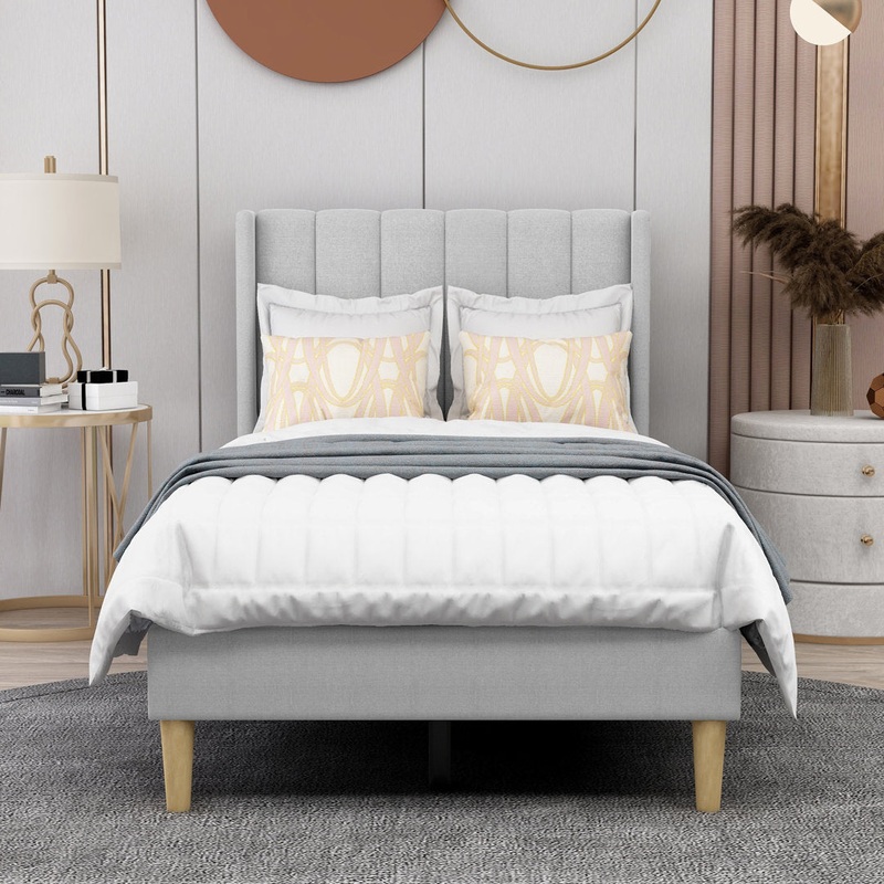 Eriksay Low Profile Upholstered Platform Bed with Wingback Headboard Wade Logan Color: Light Gray Linen Size: Twin