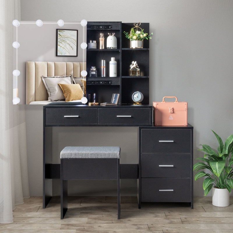 Calletano 44.3″Wide Makeup Vanity Set with Mirror Cabinet, Stool,5 Drawers Wade Logan Color: Black