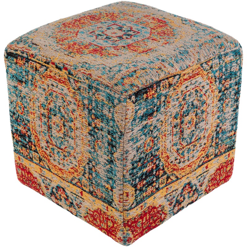 Cheekwood 18″ Square Pouf Ottoman Kelly Clarkson Home Upholstery Color: Blue/Yellow