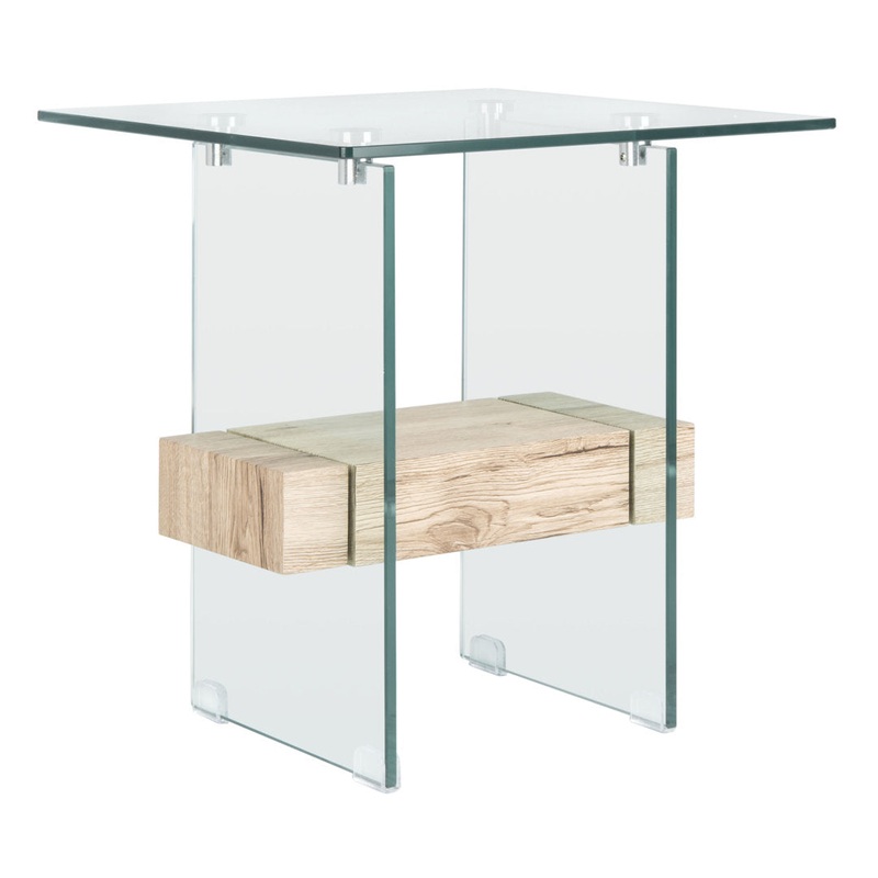 Kayley Glass Top Sled End Table with Storage Highland Dunes Color: Natural