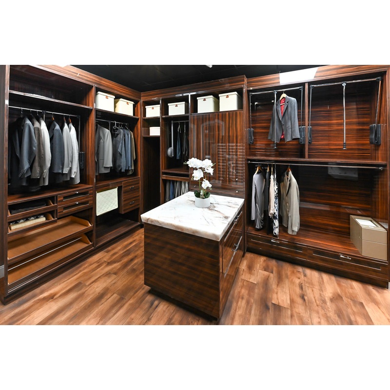 Downsview Modern Dark Brown Glossy Wardrobe Closet with Marble Peninsula Top