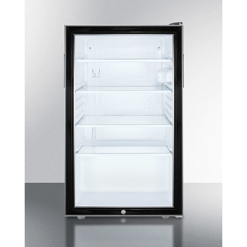 Summit SCR500BL 20″ Wide Glass Door Freestanding Commercial All-Refrigerator For The Display And Refrigeration Of Beverages And Sealed Food, Auto Defrost With A Lock And Black Cabinet