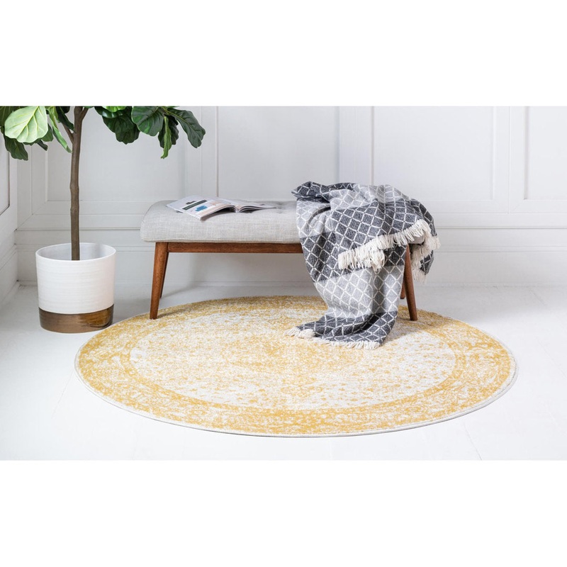 Oriental Yellow Area Rug Charlton Home Rug Size: Round 8′
