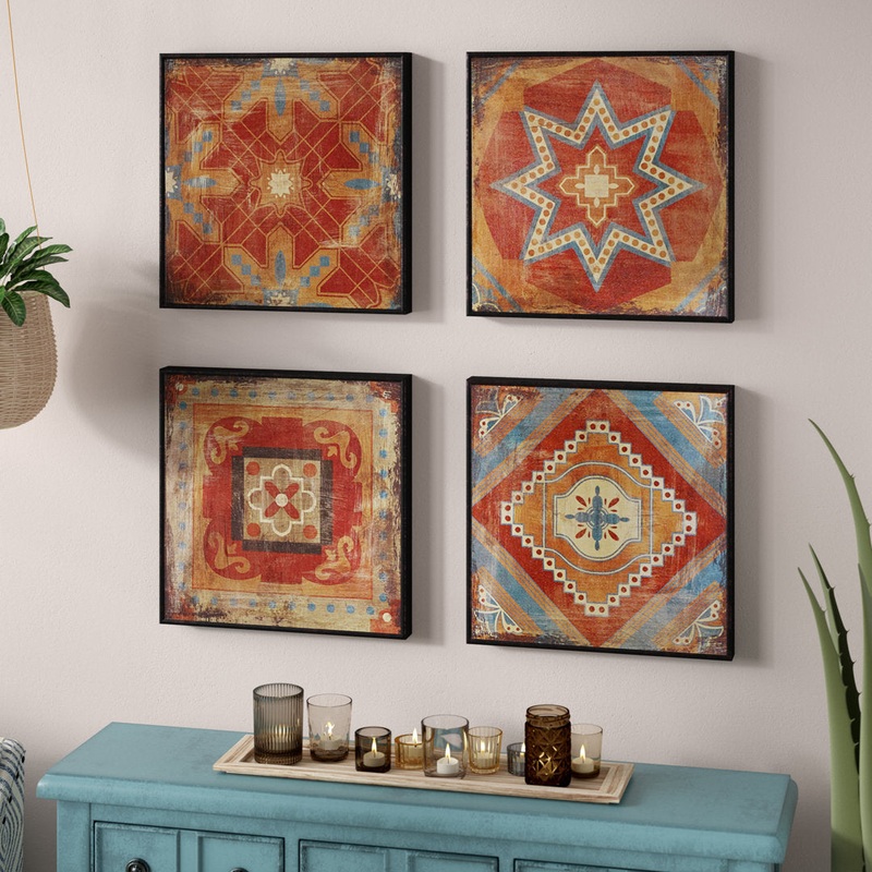 Leclair Moroccan Tile 4-piece Framed Art Set Bungalow Rose