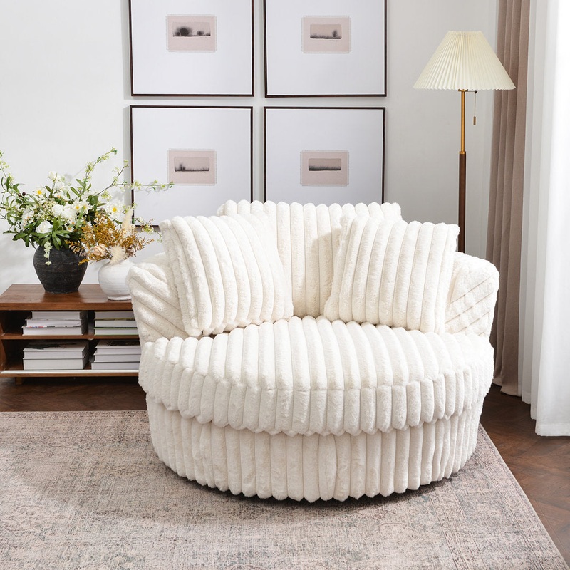 Ardian 54″ Wide Swivel Barrel Chair and a Half Wade Logan Fabric OR Leather Type: Cream Faux Rabbit Fur