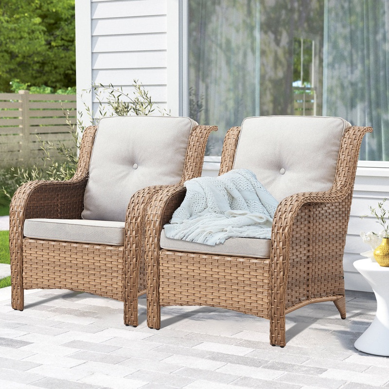 Bonia Wicker Rattan Outdoor Patio Lounge Chairs with Cushions (Set of 2) Wildon Home Frame Color/Finish: Yellow, Cushion Color: Beige