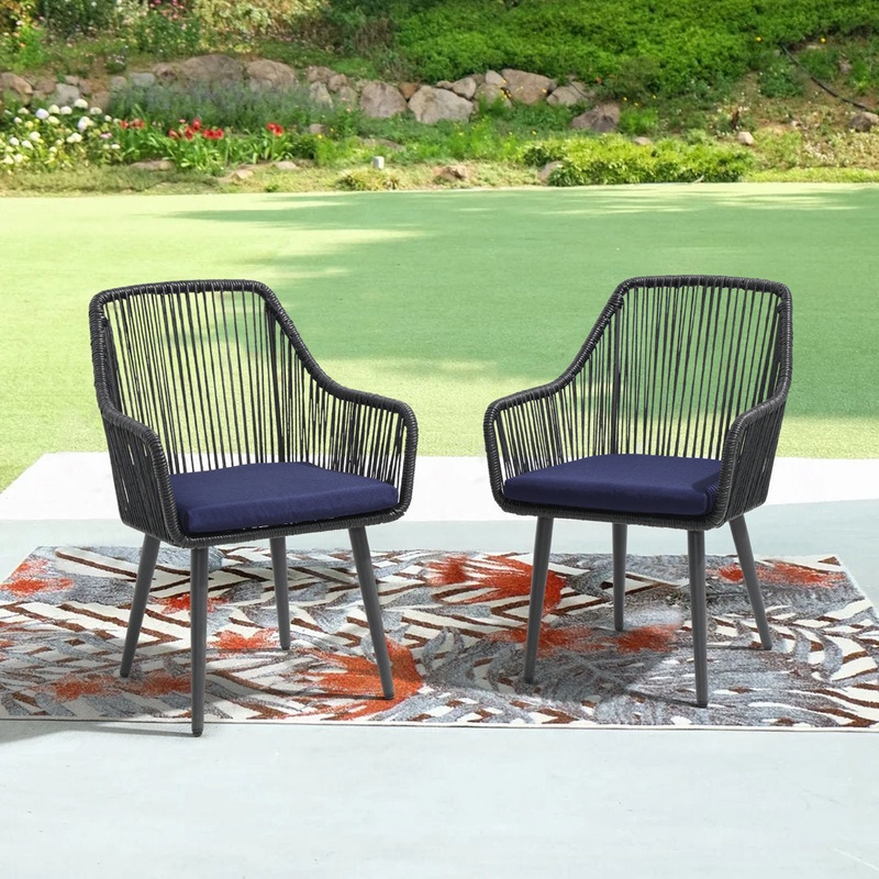Cassil Patio Dining Armchair with Cushion (Set of 2) Wade Logan Frame Color/Cushion Color: Black Frame/Navy Cushion