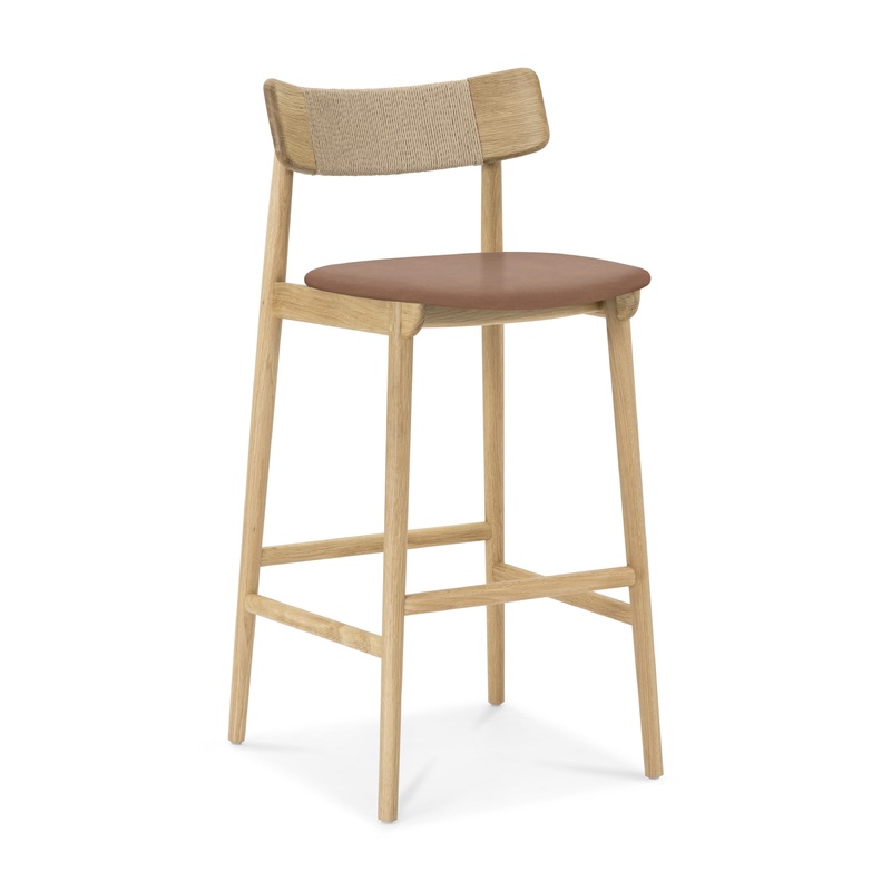 Nordic Oak & Leather Swivel Bar Stool with Paper Cord Detail
