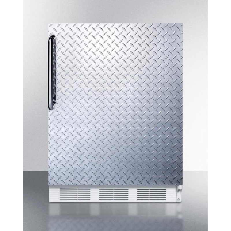 Summit FF61BIDPL Built-In Undercounter All-Refrigerator For Residential Use, Auto Defrost With A Diamond Plate Door, Towel Bar Handle, And White Cabinet