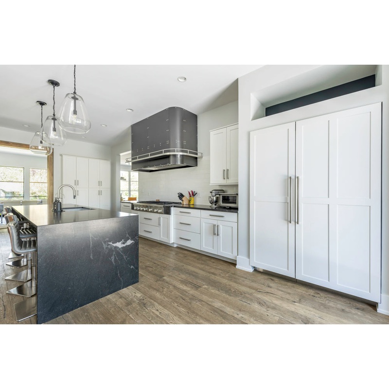 Transitional White Kitchen with Marble Waterfall Island and Thermador Appliances