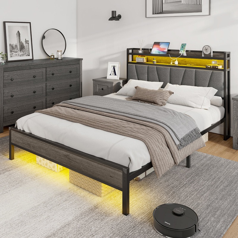 Brekin LED Platform Bed with Charging Station & RGBW LED Light, Storage Headboard Linen Upholstered Wade Logan Color: Gray Size: Full