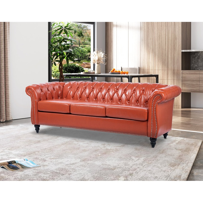 Chesterfield Button Tufted Backrest Multi-seat Upholstered Sofa Canora Grey Fabric: Orange Faux Leather