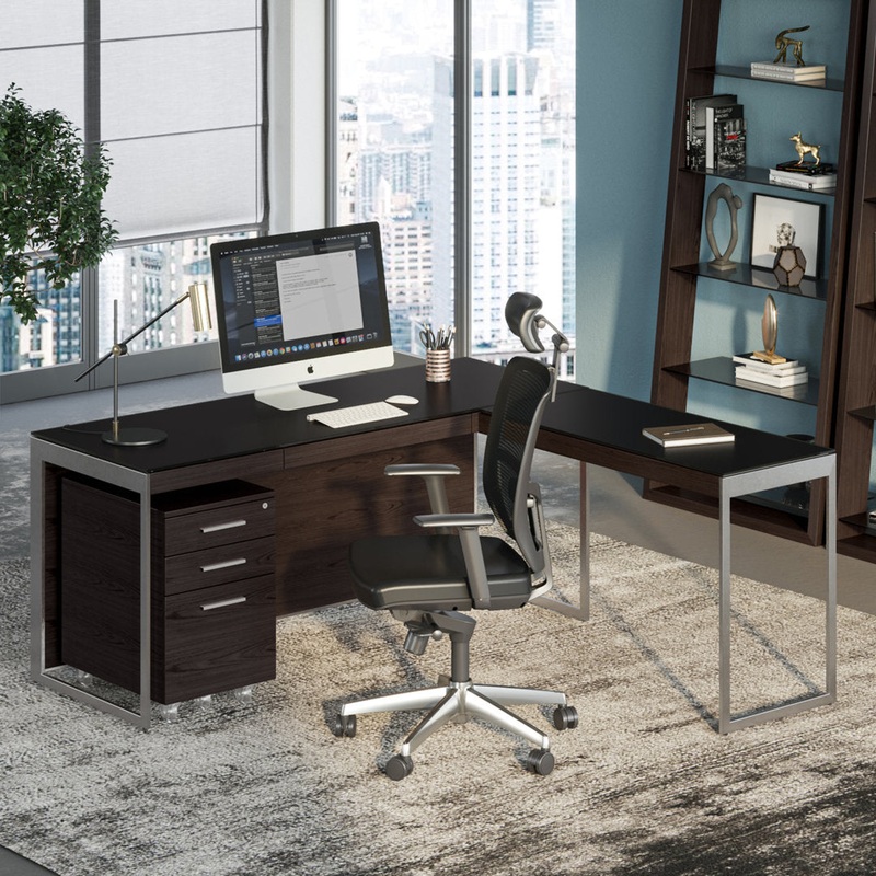 Sequel 20 Glass Desk BDI Color (Top/Frame): Charcoal Stained Ash/Satin Nickel