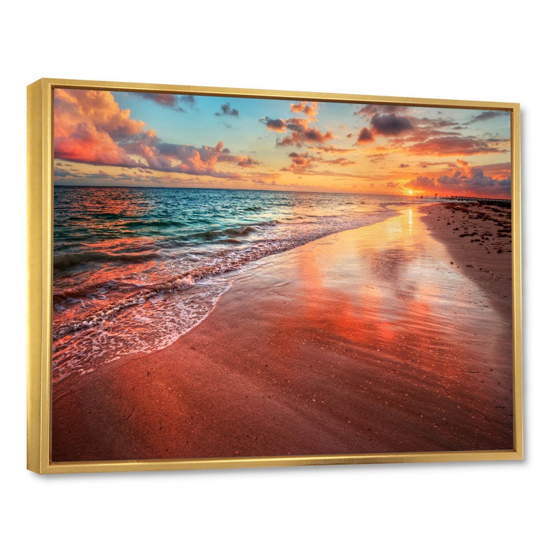 Sunset over an Ocean Beach Shore II – Photograph on Canvas East Urban Home Size: 16″ H x 32″ W x 1″ D Format: Gold Floater Framed
