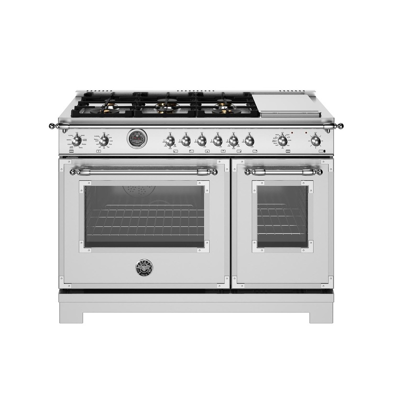 Bertazzoni HER486BTFEPXT 48 Inch Dual Fuel Range, 6 Brass Burners And Griddle, Electric Self-Clean Oven Stainless Steel